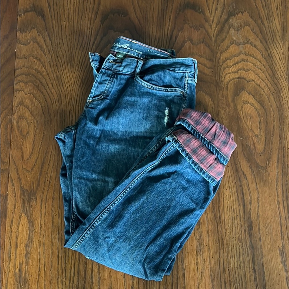 Women’s Eddie Bauer Blue Denim Jeans lined with Red Plaid flannel Sz 10